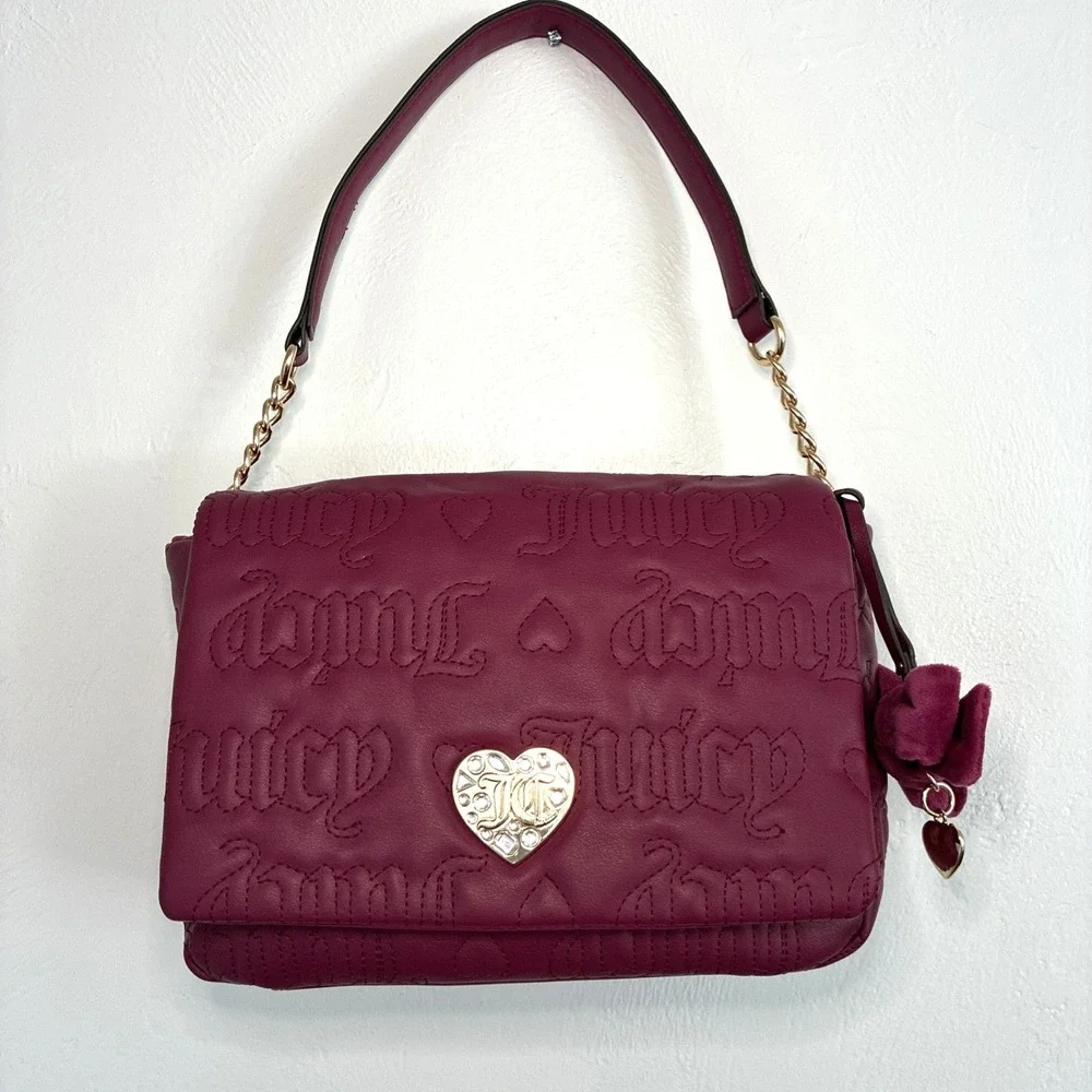 Juicy Couture Lovely Girl Shoulder Bag Purse Plum Berry Quilted Hearts Chunky‎